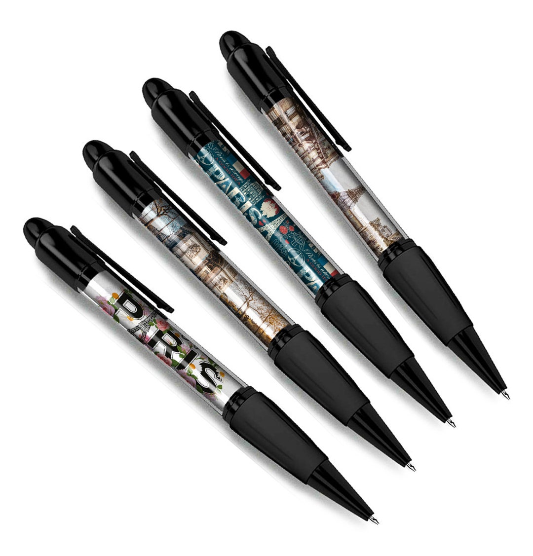 Set of 4 Paris Black Ballpoint Pens French France Travel Holiday Eiffel