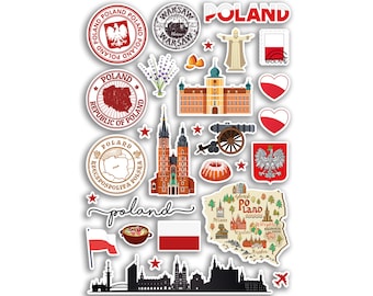 May include: A collection of colourful stickers featuring various symbols and landmarks of Poland. The stickers include a map of Poland, the Polish flag, a castle, a church, a cannon, a heart, a bird, and the text "Poland".