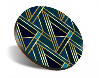 Round Single Coaster - Teal & Gold Geometric Art Deco Pattern Green Vintage Drinks Pretty Birthday Bedroom Room House Gift #12546