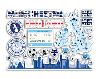 A5 Sticker Sheet Manchester Landmarks Vinyl Stickers - Blue Stamps Skyline Flag Map Travel Holiday City UK GB England Aesthetic #80567