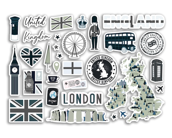 A5 Aufkleberbogen England-Sehenswürdigkeiten – Blaues Design Mit London Skyline, UK-Flagge & Karte, Glänzendes Vinyl (100 µm), Selbst In GB Gedruckt