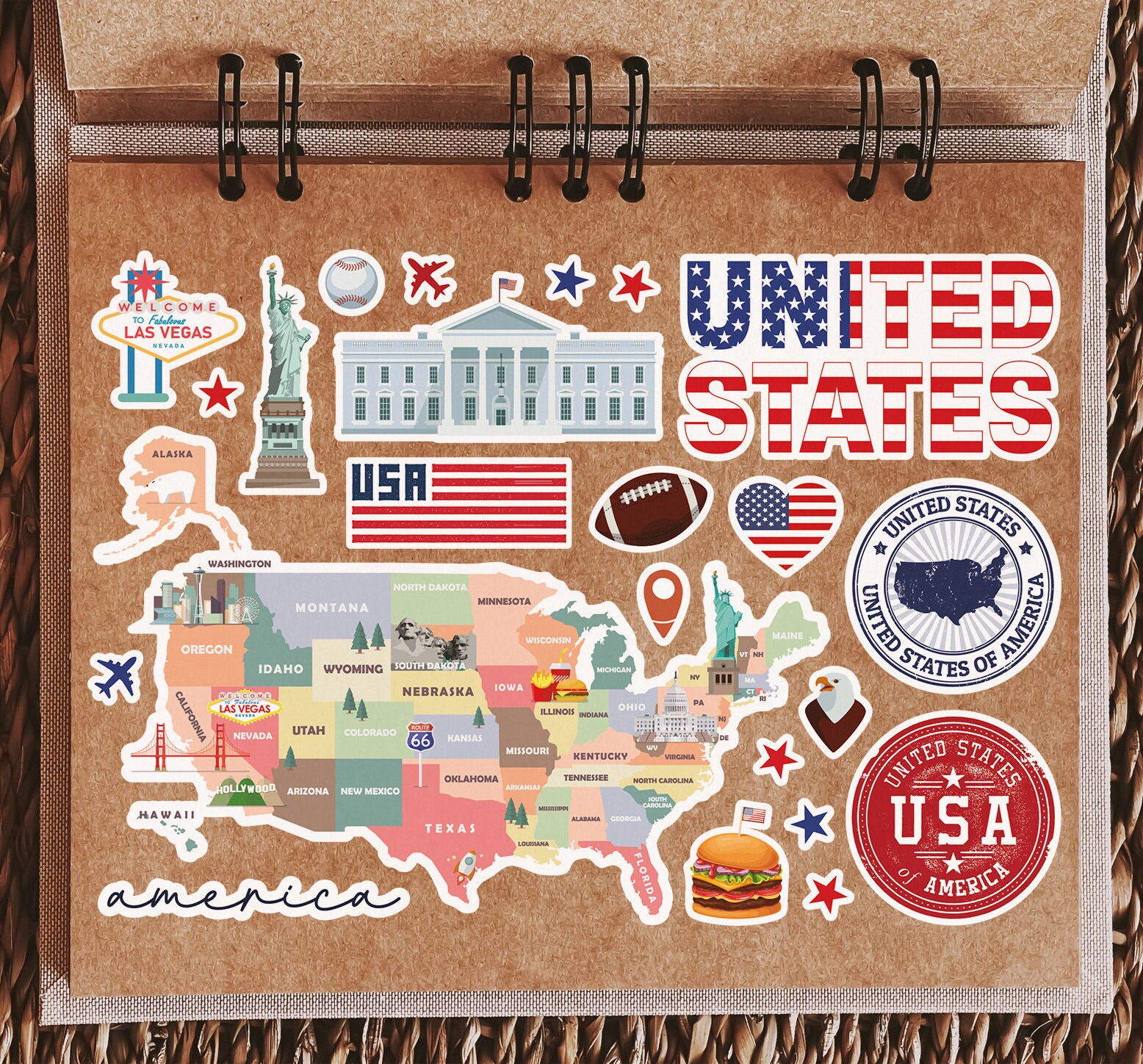 USA & Amerika Aufkleberbogen A4 – Wahrzeichen Wie New York, Vegas, Flagge & Mehr