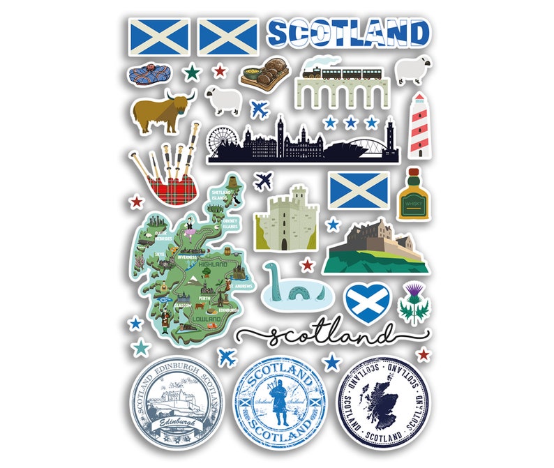 Resizable Scotland Sticker A4 Sticker Sheet Scotland Landmarks Vinyl Stickers - Scottish City Map ...