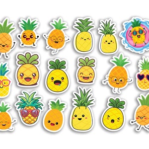 May include: A set of 16 colourful pineapple stickers with different expressions. Each sticker features a yellow pineapple with green leaves and a smiling face. The stickers are perfect for adding a touch of fun to any project.