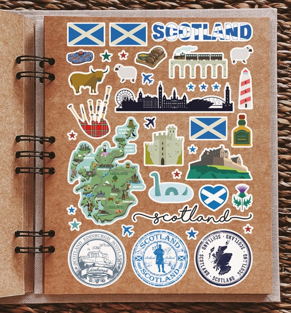 Foglio adesivo A5 Scotland Blue Landmarks Vinyl Stickers - Mappa scozzese Aeroporto Skyline Bandiera Viaggi Vacanze Paese Città Estetica #80390