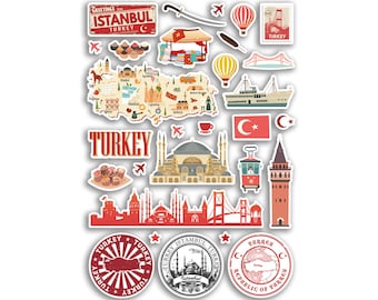 May include: A set of colorful stickers featuring various landmarks and symbols of Turkey, including the Hagia Sophia, the Galata Tower, the Bosphorus Bridge, and the Turkish flag. The stickers also include a map of Turkey, a traditional Turkish teacup, and a Turkish delight.
