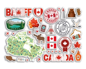 May include: A colorful illustration of Canadian landmarks and symbols, including a map of Canada, a red maple leaf, a bear, a lighthouse, a moose, a tipi, a passport, a camera, and the words "Banff" and "Canada".