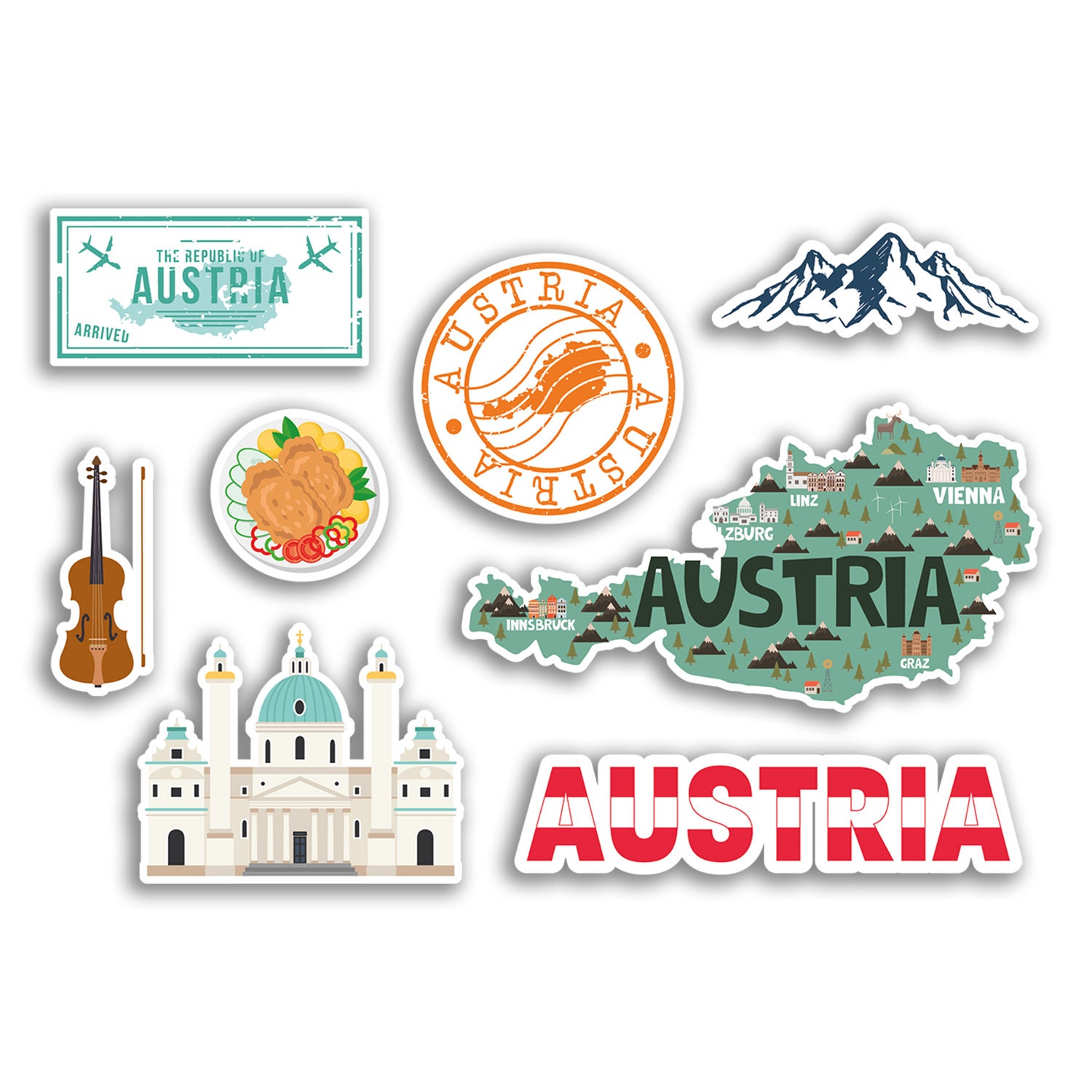 A5 Sticker Sheet Austria Landmarks Vinyl Stickers Mountains Country Map  Airport Stamps Skyline Flag Travel Holiday City Aesthetic 77529 