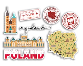 Puede incluir: Un conjunto de pegatinas coloridas con varias imágenes relacionadas con Polonia. Las pegatinas incluyen una bandera polaca roja y blanca, un mapa de Polonia, un edificio y un sello con las palabras "Departure Poland".