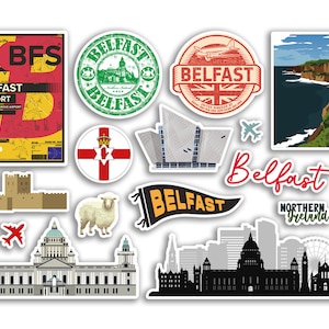 A5 Sticker Sheet Belfast Landmarks Vinyl Stickers - Northern Ireland City Map Airport Stamps Skyline Flag Travel Holiday Scrapbook #79132