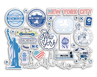 Hoja de pegatinas A5, pegatinas de vinilo de puntos de referencia azules de Nueva York, mapa de la ciudad de Nueva York, Estados Unidos, bandera del horizonte del aeropuerto, viajes, vacaciones, cultura, estética #80283
