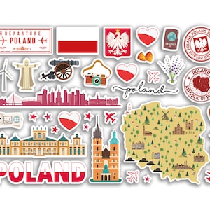 A5 Sticker Sheet Poland Landmarks Vinyl Stickers - Polish Map Airport Stamp Skyline Flag Travel Holiday Country City Aesthetic #80378