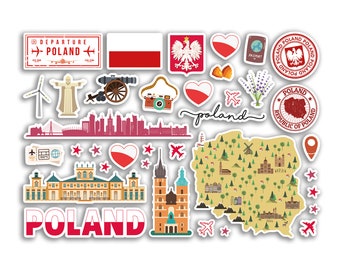 May include: A set of colourful stickers featuring various symbols and illustrations related to Poland. The stickers include a map of Poland, a heart with the Polish flag, a passport stamp, a wind turbine, a castle, and the text "Poland".