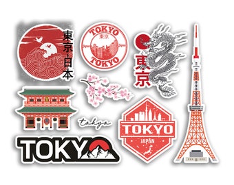 May include: A set of nine stickers featuring various designs related to Tokyo, Japan. The stickers include a red circle with a wave design, a red stamp with the text "TOKYO" in English and Japanese, a red circle with the text "東京" in Japanese, a black and white dragon, a red and white tower, a red and green temple, a pink cherry blossom branch, a red and white cityscape with the text "TOKYO" in English, and a black and white mountain range with the text "TOKYO" in English.
