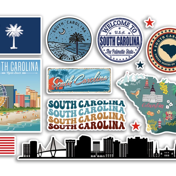 A5 Sticker Sheet South Carolina Landmarks Vinyl Stickers - USA States City Airport Stamps Skyline Flag Map Travel Holiday Scrapbook #79165