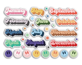 A5 Sticker Sheet Month Vinyl Stickers - Monthly Groovy Pastel Scrapbook Bullet Journal Icons Labels Diary Notebook Adventure Travel #80623