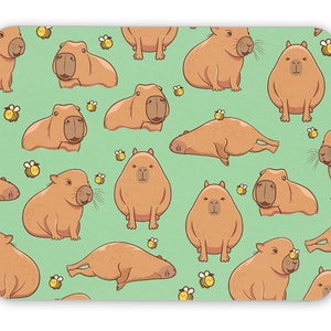 May include: A green background with a repeating pattern of brown capybaras and yellow bees. The capybaras are in various poses, including sitting, lying down, and standing. The bees are flying around the capybaras.