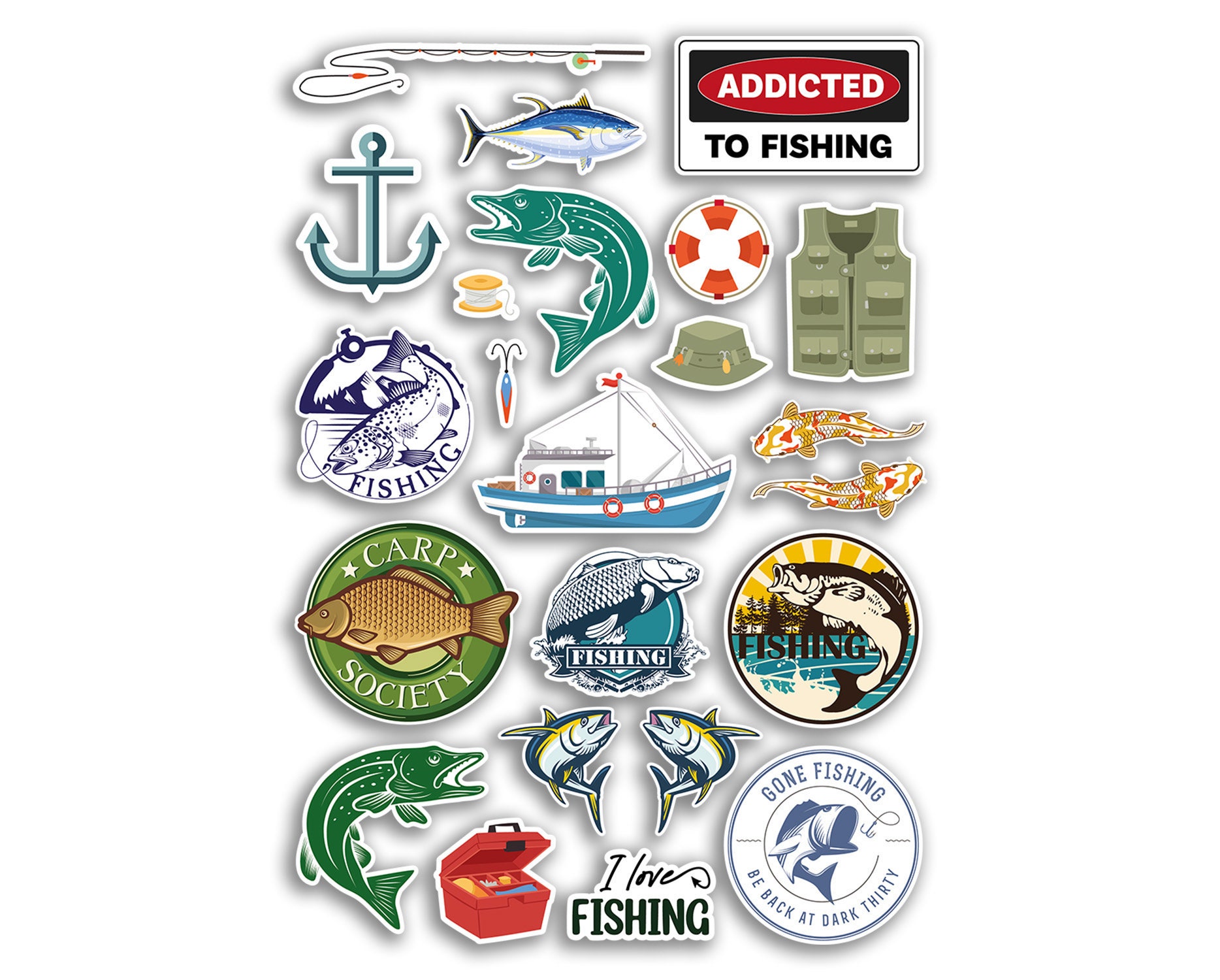 A4 Sticker Sheet Fishing Vinyl Stickers Fish Dad Fisherman Hobby Men Carp  Boat Sea Ocean Addicted Love Scrapbook Travel Gift 78888 