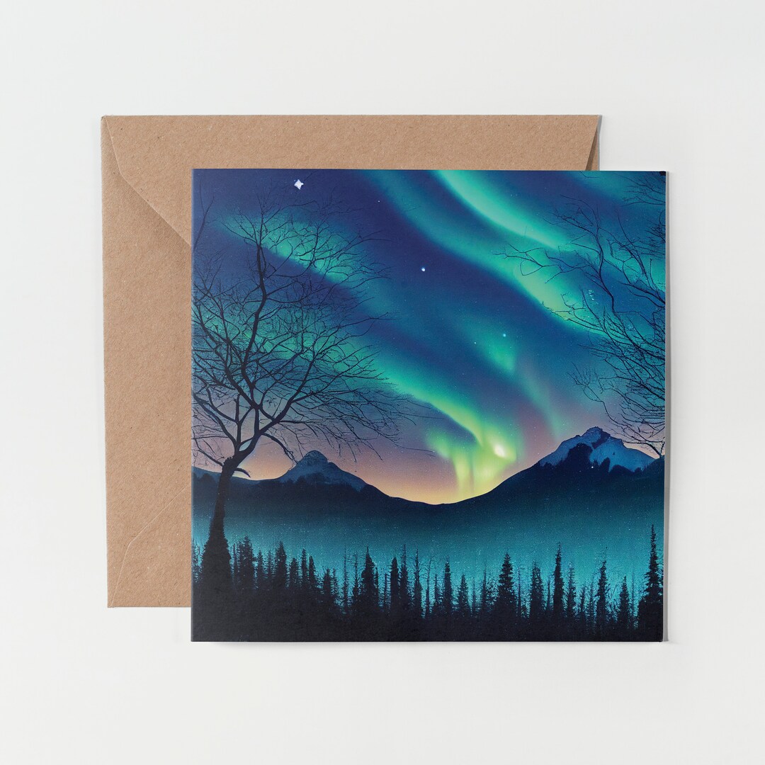 1 X Greeting Card - Northern Lights Mountain Aurora Space Fantasy Art ...