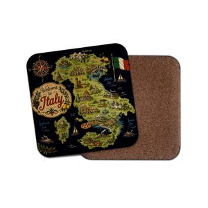 May include: A square cork coaster featuring a detailed map of Italy on a black background. The map includes illustrations of landmarks, the Italian flag, a compass rose, and the text Welcome to Italy in a decorative script within a border.