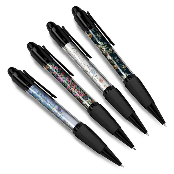 Set de 4 stylos à bille noirs floraux - Fleurs Field Pattern Print Spring Summer Friends Boys Girls Men Women Theme Pen Gift #79355