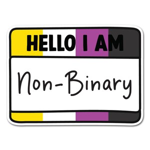 May include: A white sticker with a black border, featuring the text "HELLO I AM Non-Binary." The design incorporates the non-binary pride flag colours: yellow, white, purple, and black. The sticker is rectangular with rounded corners.