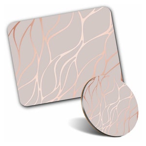 May include: A set of two coasters featuring a light grey background with a rose gold pattern of swirling lines. The coasters are made from a durable material and are ideal for protecting your furniture from scratches and spills.