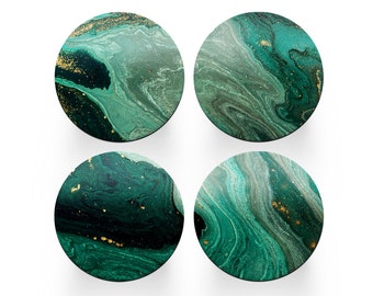 4 x Round Art Deco Coasters - Agate Green Abstract Set Theme Women House Warming Circle Drinks Kitchen Table Decoration Décor Gift #78323