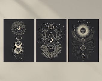 3 x Celestial Posters - Magical Black Trio of Prints Portrait Poster Artwork Art Feature Photo Decoration Wall Décor | A4 | A3 | Gift