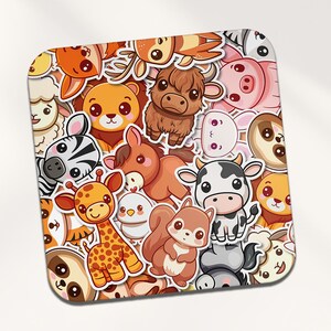 Wild Animal Square Coaster - Safari Giraffe Horse Pattern Kawaii Cartoon Illustration Art Kids Boys Girls Kitchen Family Drinks Home #82015