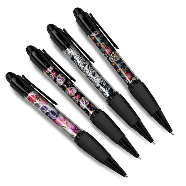 Set of 4 Sugar Skulls Black Ballpoint Pens - Mexican Day of the Dead Cartoon Pattern Floral Themed Boys Girls Men Women Pen Gift #79608