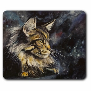 May include: A watercolour painting of a Maine Coon cat with long, fluffy fur. The cat is looking to the right, with a serious expression. The background is a dark blue with white stars.