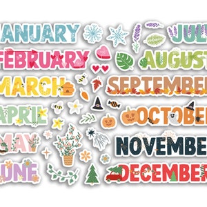 A5 Sticker Sheet Months Vinyl Stickers - Month Monthly Pastel Scrapbook Bullet Journal Icons Labels Diary Notebook Adventure Travel #80621