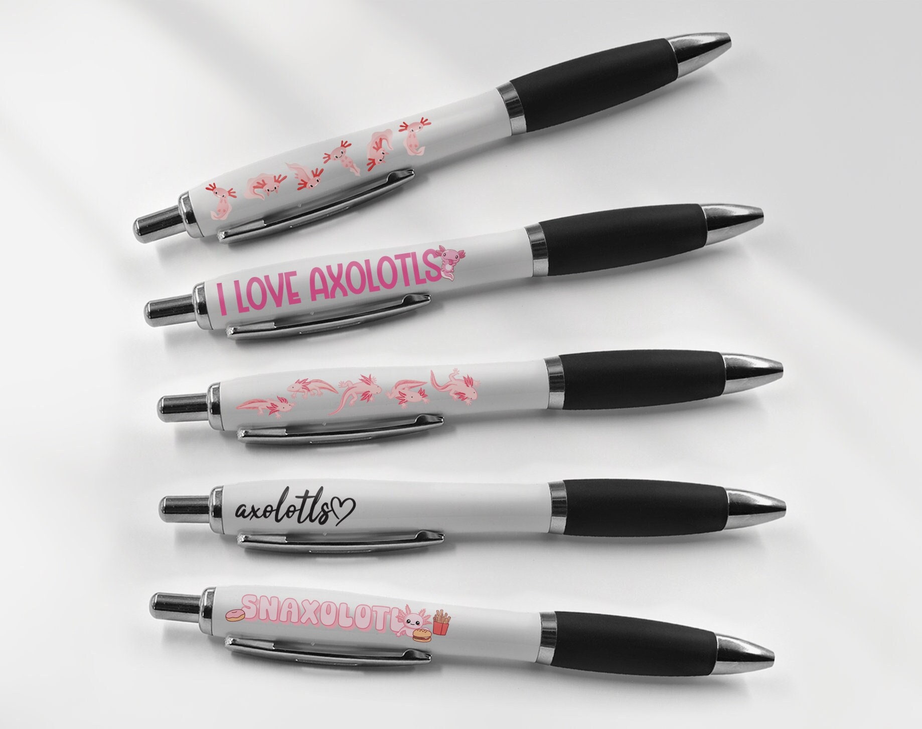5 X Axolotl Black Pens - Dragon Fish Funny Pun Animal Cartoon