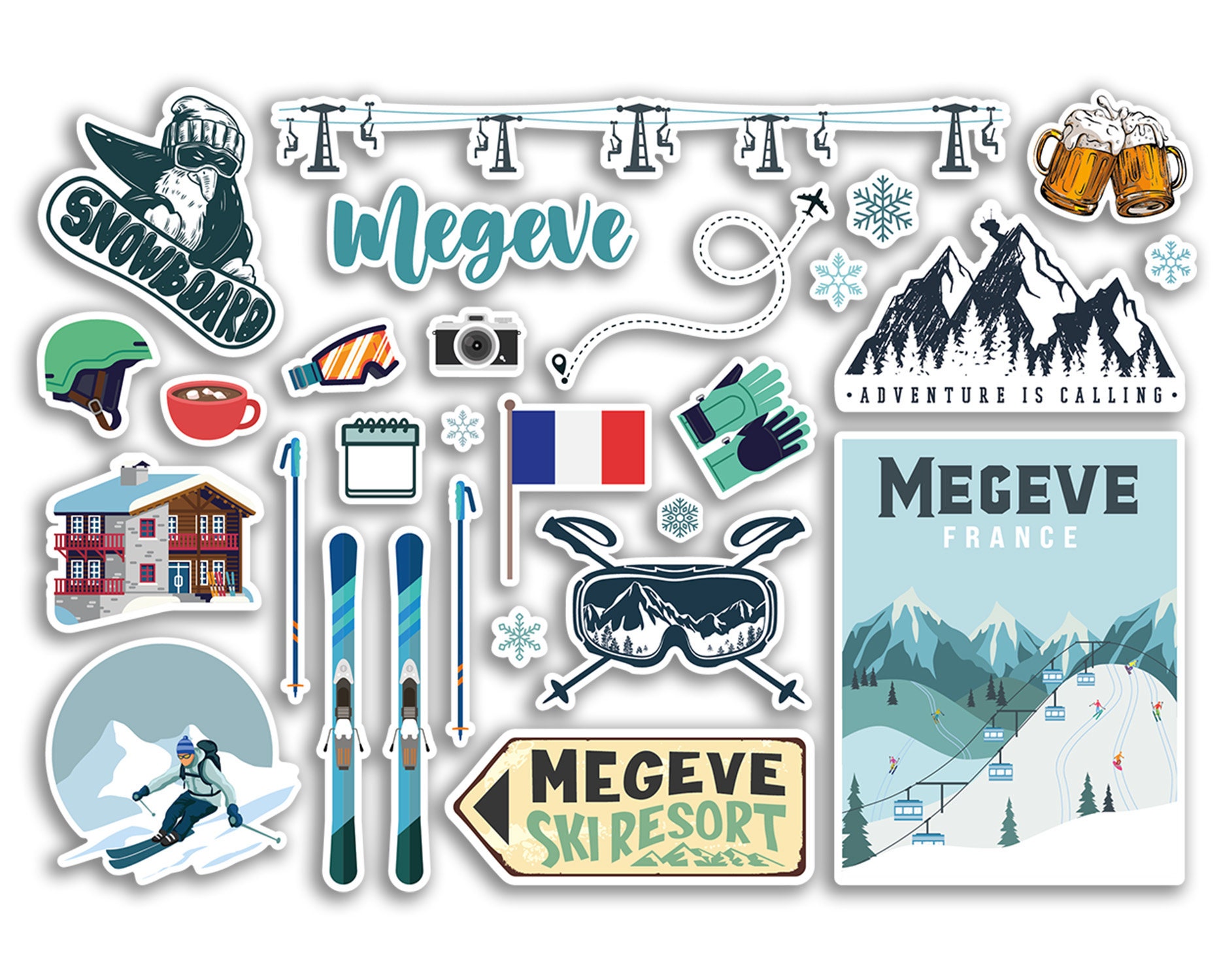 A5 Aufkleberbogen „Megeve“ – Vinyl-Aufkleber Für Skiurlaub, Frankreich & Reisedeko