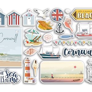 May include: A selection of Cornwall-themed stickers, including beach huts, seagulls, and nautical symbols. The stickers feature text that reads "Cornwall" and "The Sea Calls to Me". Other images include a lighthouse, ice cream, and a beach scene.