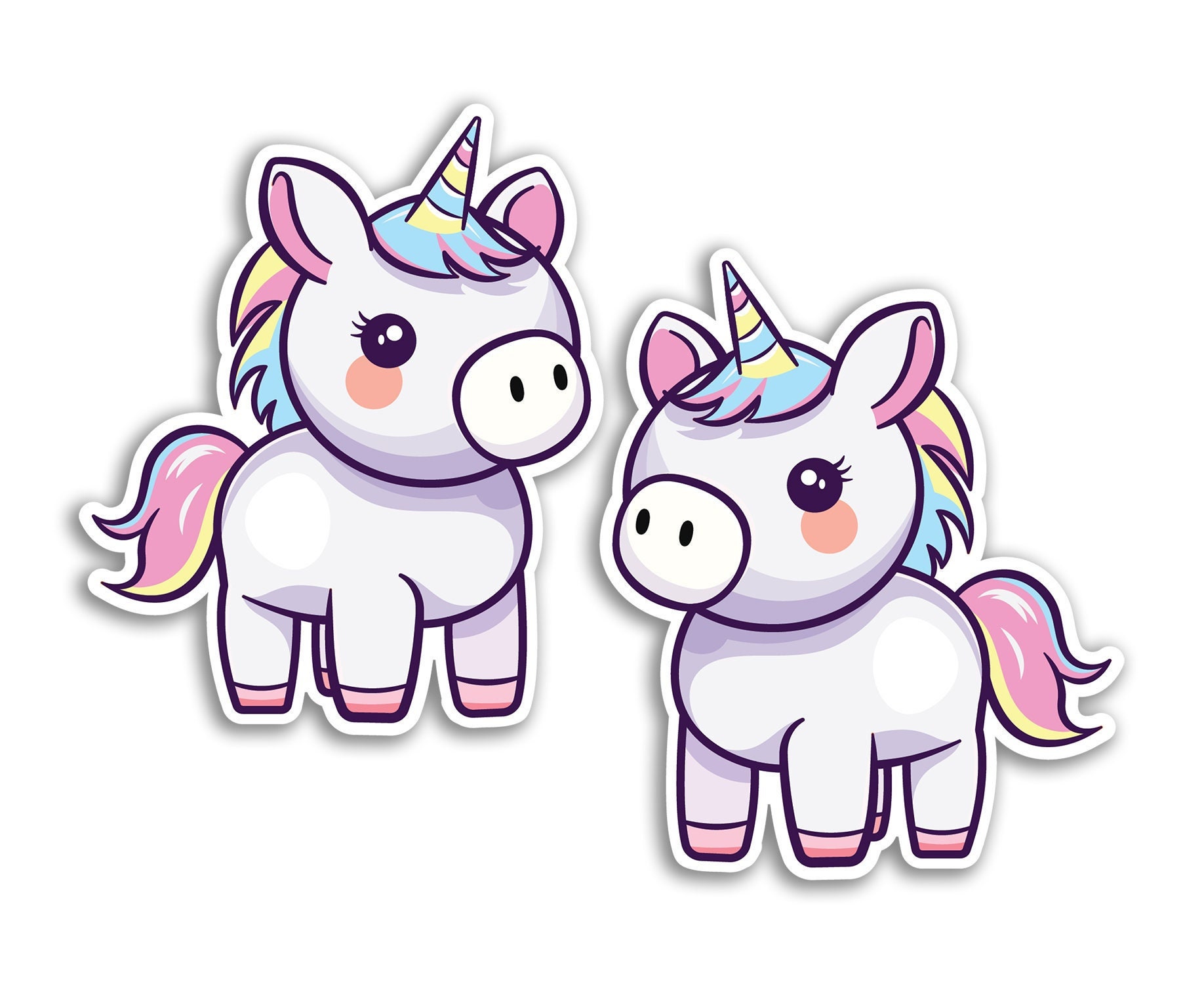 Stickers Vinyle Licorne 2 X 10 Cm - Cheval Mythique, Poulain, Animaux De La Ferme, Personnages Kawaii, Enfants, Dessin Animé, Mignons, Filles