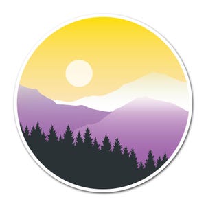 May include: A circular sticker depicting a mountain scene. It features a yellow sky with a white sun, purple mountains, and a dark forest silhouette. The sticker is bordered with white.