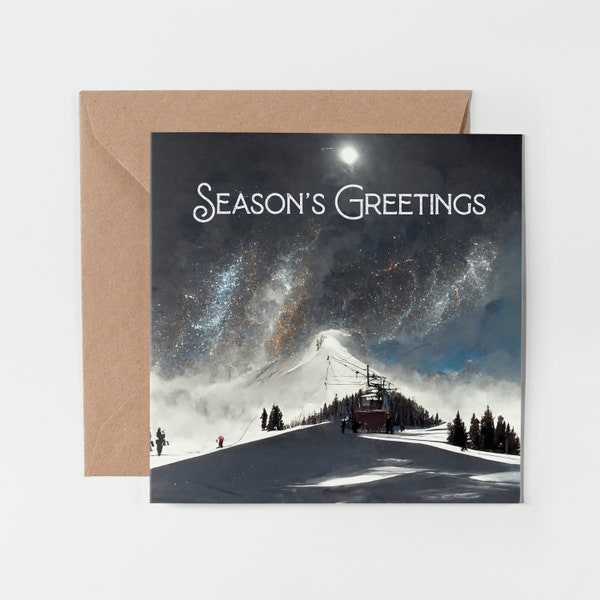 1 x Greeting Card - Season's Greetings Ski Chair Lift Snow Skiing Art Christmas Mountain Gift #0047