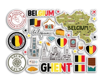 Op de afbeelding: Een set kleurrijke stickers met verschillende symbolen en illustraties met betrekking tot België. De stickers bevatten een kaart van België, een hart met de Belgische vlag, een paspoort, een glas bier, een chocolade reep en een wafel. De tekst "BELGIUM" verschijnt meerdere keren in de afbeelding.