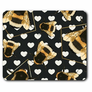 May include: A black background with a repeating pattern of white hearts and bumblebees. The bumblebees are drawn in a realistic style with yellow and black stripes and fuzzy bodies. The hearts are simple white outlines.