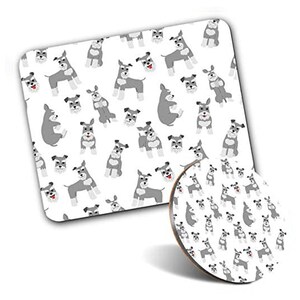May include: A white coaster with a repeating pattern of grey miniature schnauzers. The coaster is round and has a white background with a grey border.