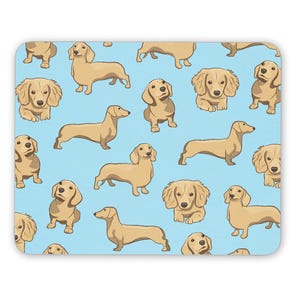 May include: A blue background with a repeating pattern of dachshund dogs in various poses. The dogs are all light brown in colour.