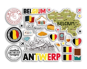 Op de afbeelding: Een set kleurrijke stickers met verschillende afbeeldingen met betrekking tot België, waaronder een kaart van het land, de Belgische vlag, een wafel, een chocolade reep en de tekst "BELGIË".