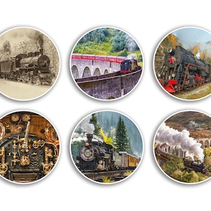 May include: Six vintage-style images of steam locomotives in various settings. The images feature trains on bridges, in forests, and in open fields. The trains are all black and have steam coming from their smokestacks. One image shows a close-up of the engine's interior.