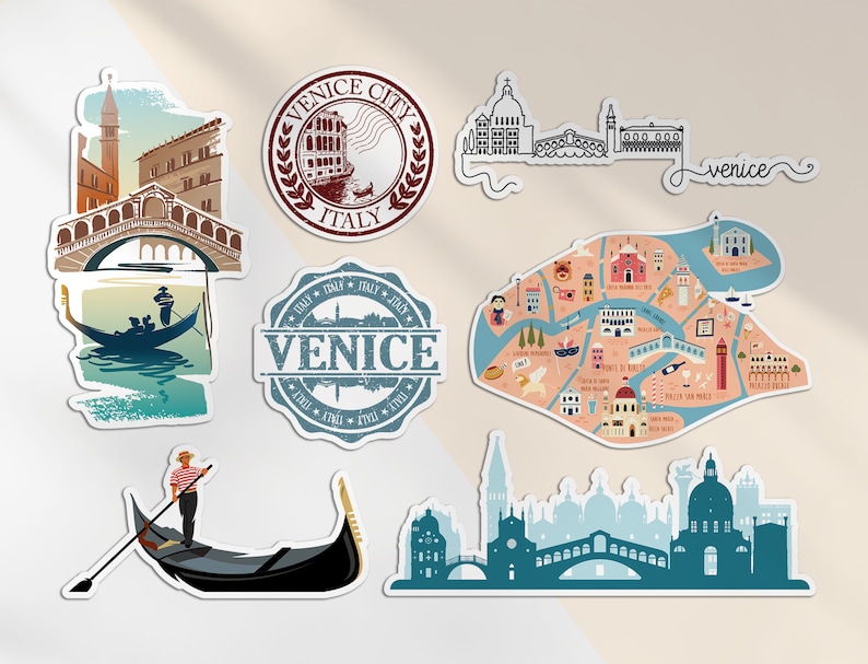A5 Sticker Sheet Venice Landmarks Vinyl Stickers - Gondola Italy Italian Art City Map Stamp Skyline Travel Holiday Culture Aesthetic #78507 image 2