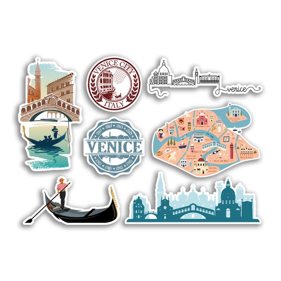 A5 Sticker Sheet Venice Landmarks Vinyl Stickers - Gondola Italy Italian Art City Map Stamp Skyline Travel Holiday Culture Aesthetic #78507