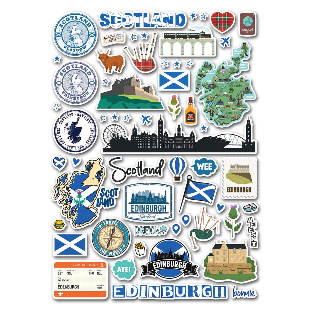 Scotland Sticker Poster A4 Sticker Sheet Scotland Landmarks Vinyl Stickers - Scottish Edinburgh ...