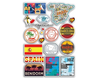 A4 Sticker Sheet Spain Cities Vinyl Stickers - Madrid Benidorm Landmark City Stamp Flag Travel Holiday Culture Scrapbook Luggage Gift #78879