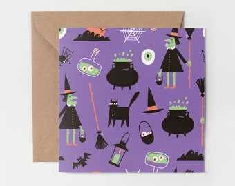 1 x Grußkarte - Lila Hexe Muster Halloween Fledermaus Katze Geschenk #0185